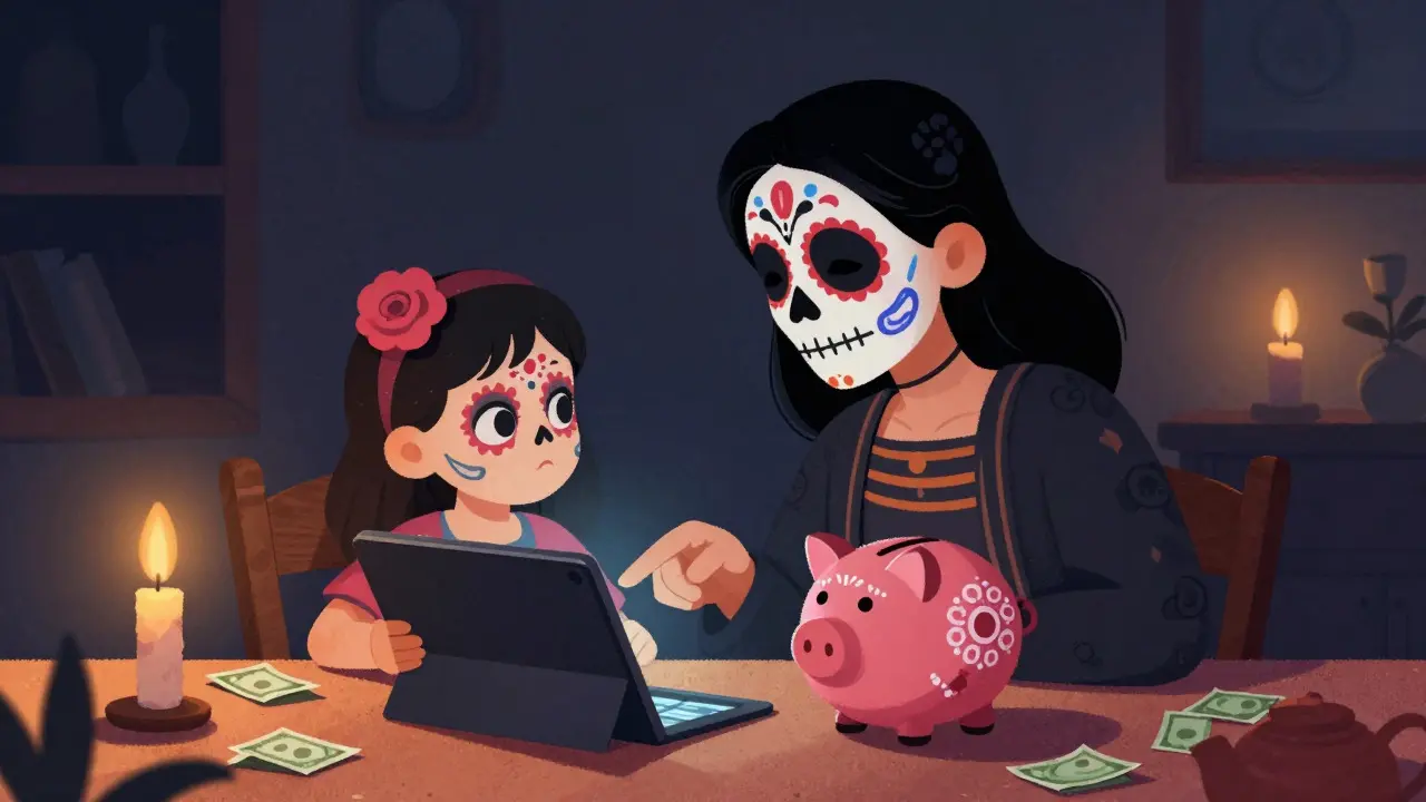 Parent teaching child about digital spending with a piggy bank