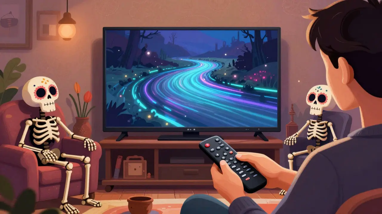 Relaxed user adjusting streaming settings with calm skeleton companions in a living room