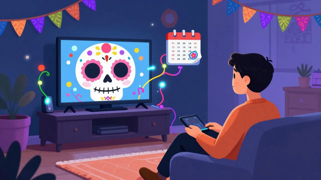Relieved viewer in a living room with a calendar marking a subscription end date