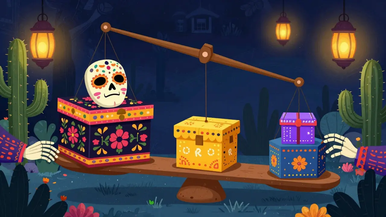 Scale comparing bundle vs individual boxes in cartoon style