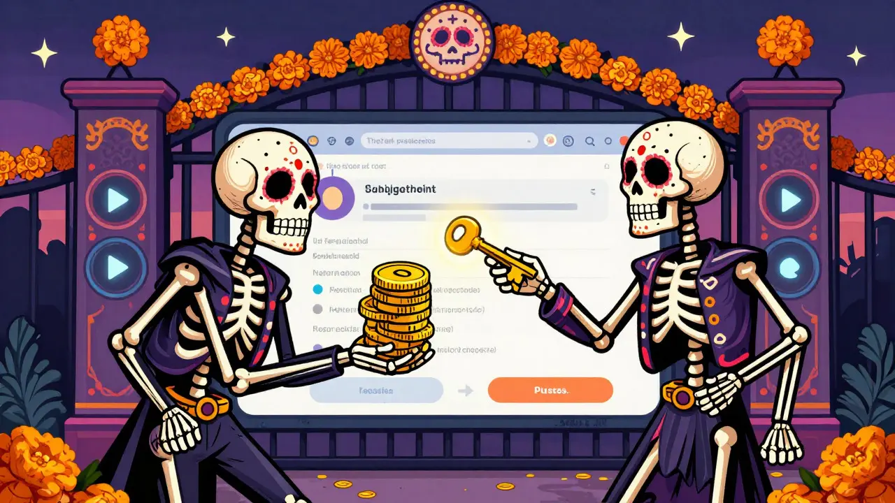 Skeletal figures exchanging coins and keys at an ornate gate