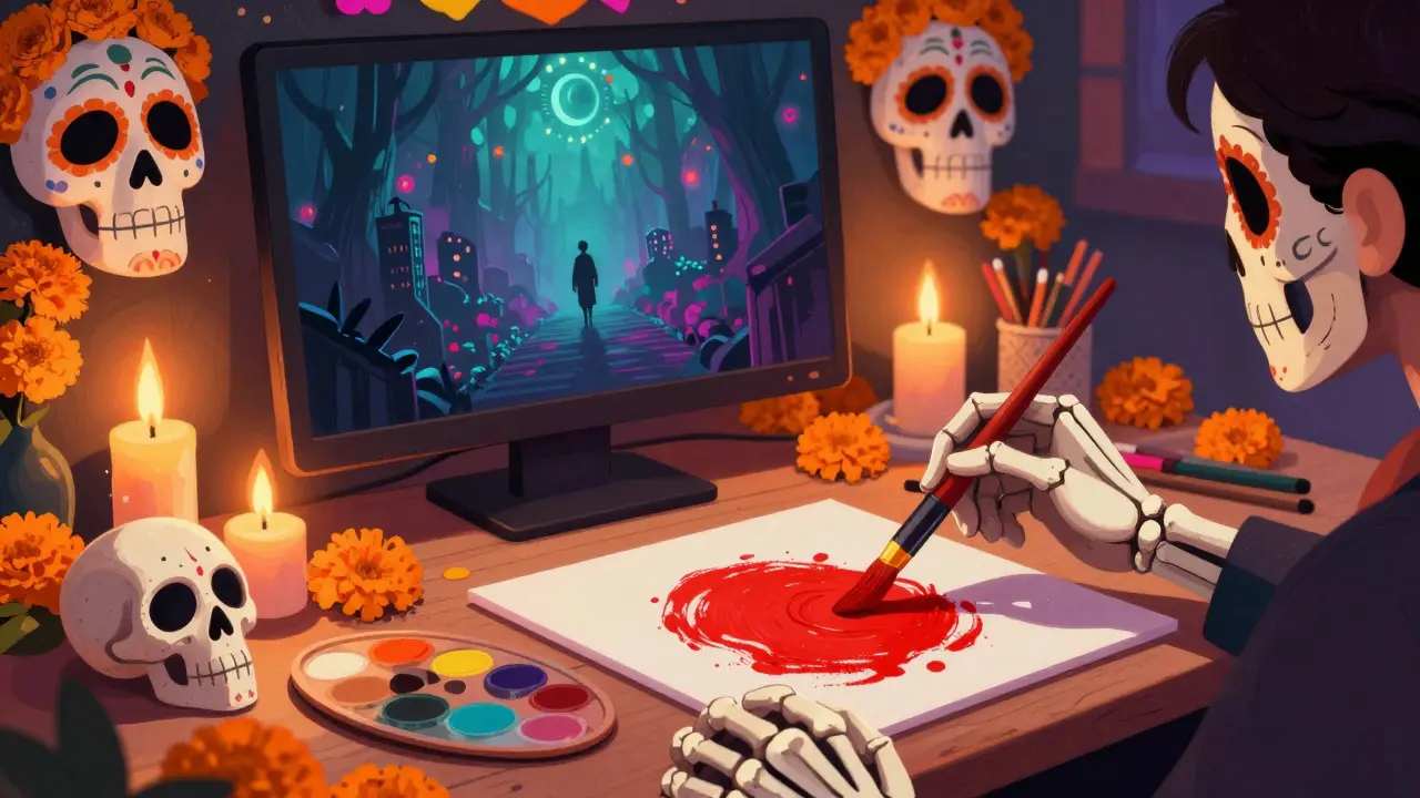 Skeletal hand painting with teal and orange flames on a Day of the Dead altar