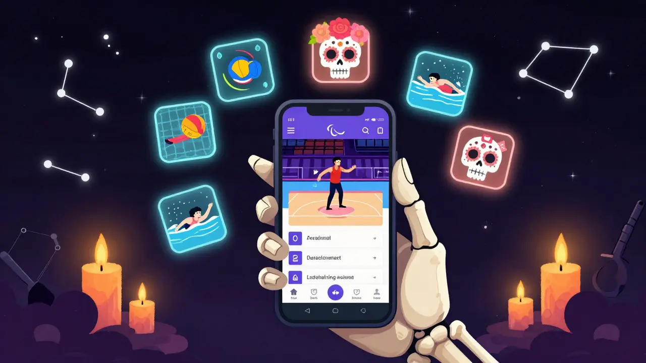 Skeletal hands holding a phone streaming Paralympic sports with festive icons