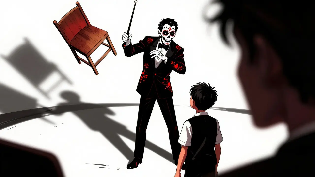 Skeletal teacher throwing a chair at a student in jazz class