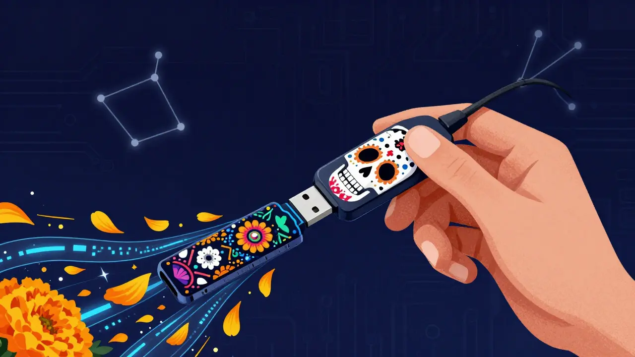 Skeleton hand plugging USB drive into Fire TV Stick with data ribbons