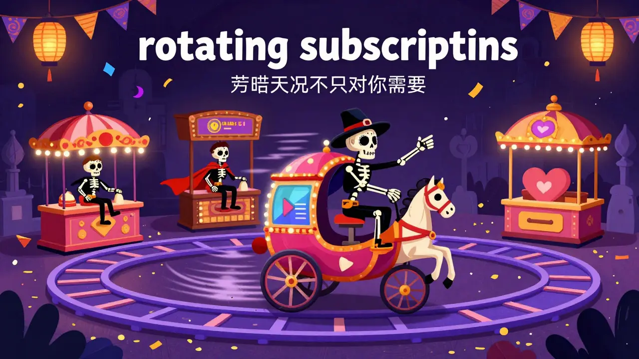 Skeleton riding a transforming carriage through a genre-themed carousel in cartoon style