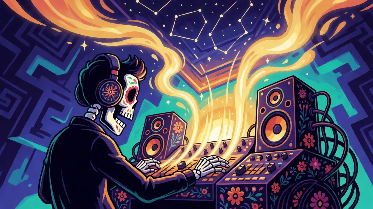 Skeleton sound engineer mixing audio with glowing light streams in a Day of the Dead style illustration.