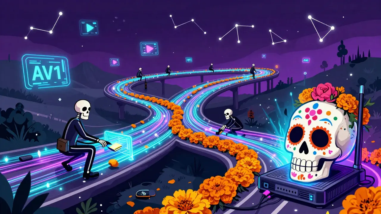 Skeletons build a fiber optic data highway with marigold cables in a Day of the Dead illustration.