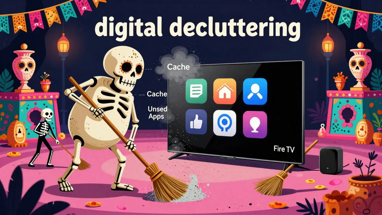 Skeletons cleaning cache dust from a Fire TV interface in Dia de los Muertos style