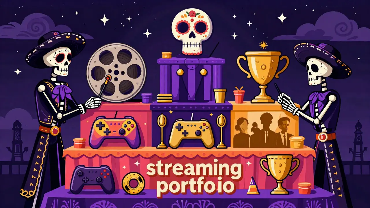 Skeletons curating an altar of entertainment icons in a vibrant folk art style