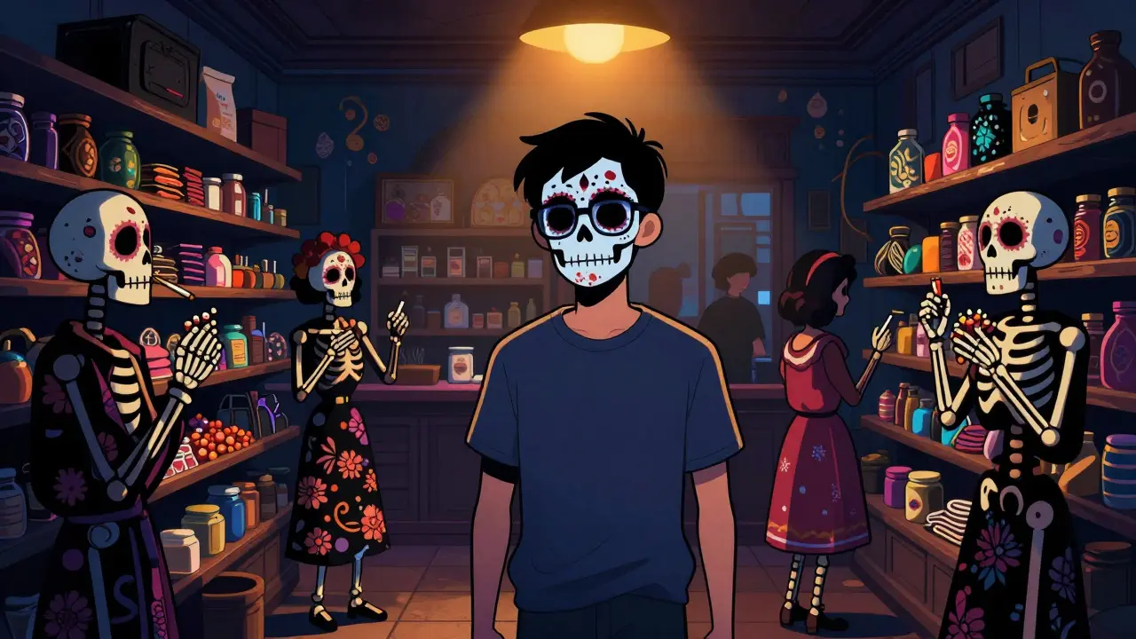 Skull-faced man staring blankly in a crowded store, Day of the Dead art