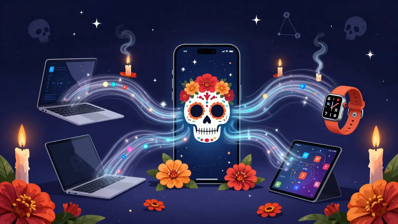 Smartphone connecting to other devices with glowing data streams in illustrated style