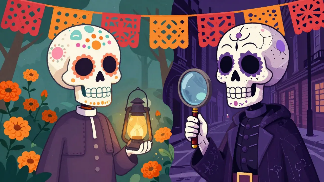Split illustration of cozy mystery and gritty crime skulls
