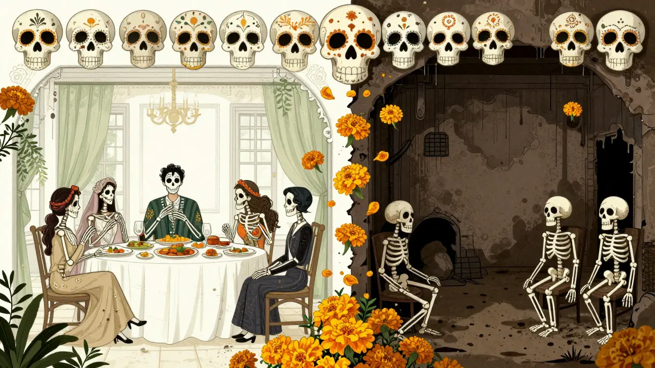 Split illustration of wealthy and poor spaces with skeletal figures and marigolds