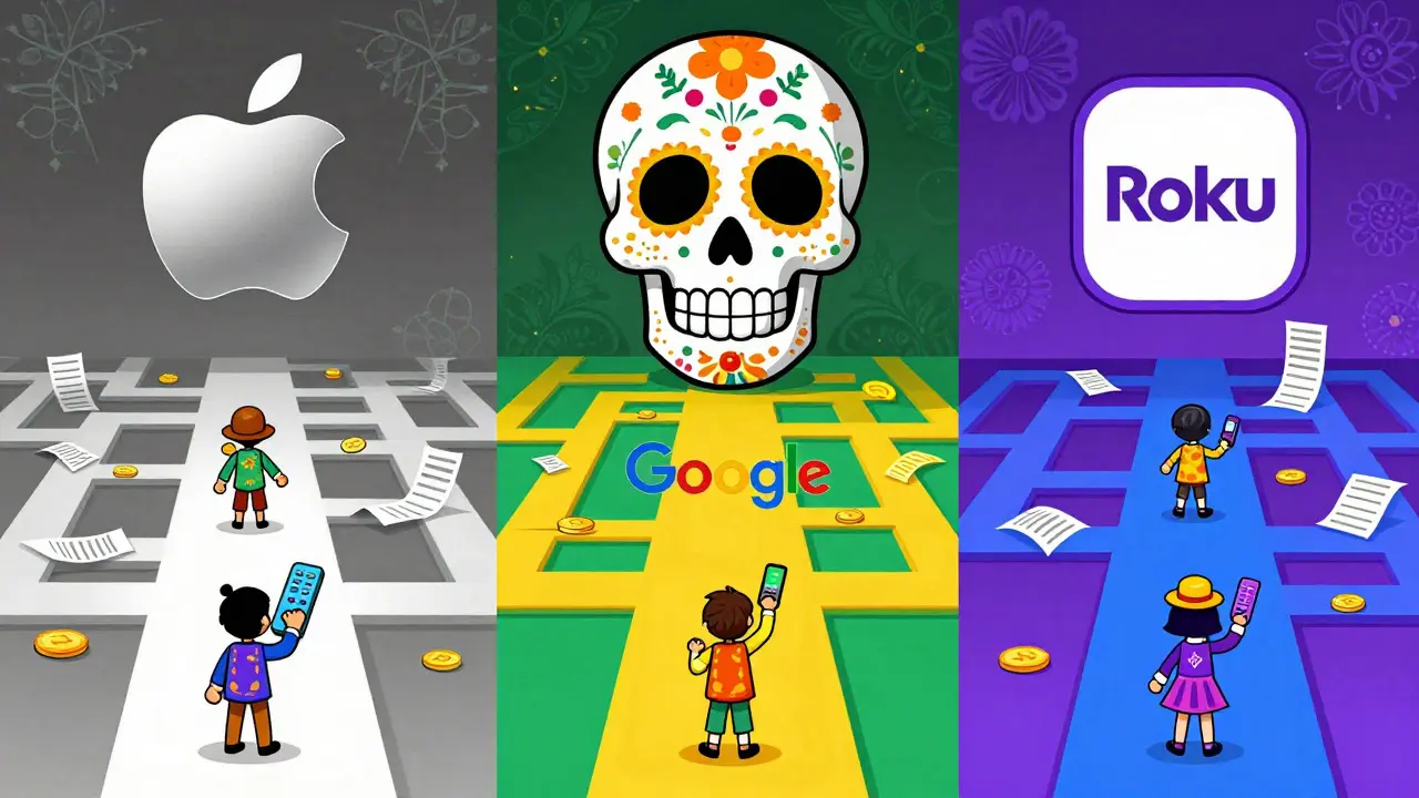 Split view of three colorful paths representing different app store cancellation methods