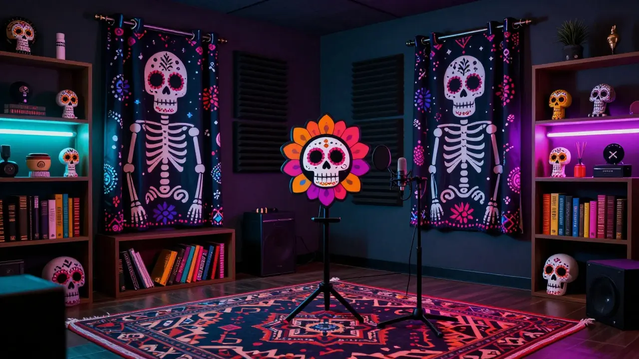 Streaming room with skeleton-patterned curtains for acoustics