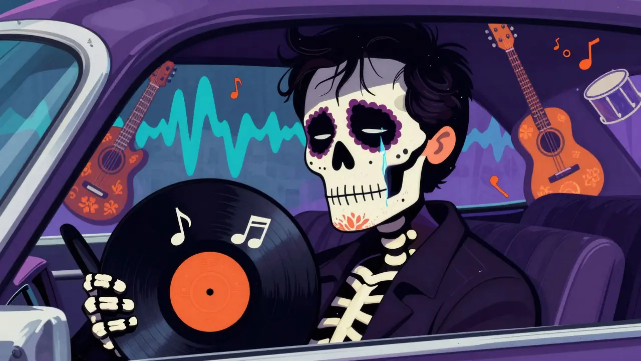 Stylized skeleton crying in a car surrounded by musical instruments