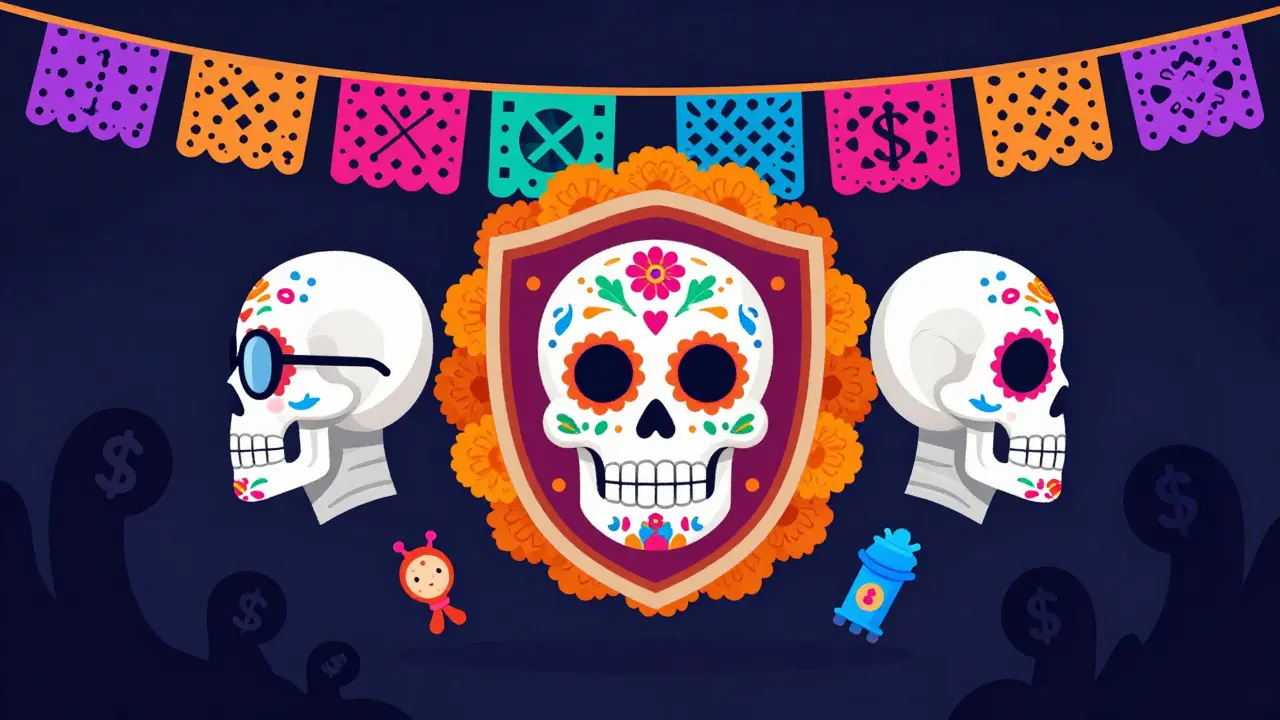 Sugar skull profiles protected by papel picado shields from purchase risks