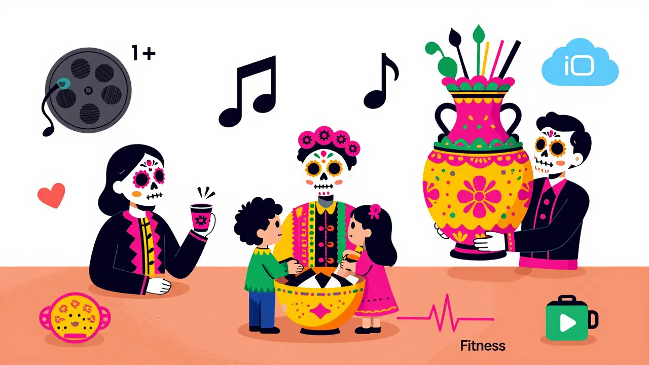 Three figures representing subscription tiers with symbolic vessels in folk art style
