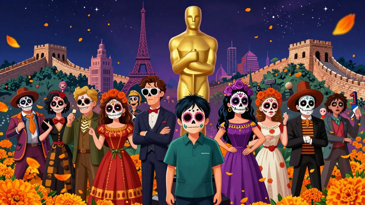 Triumphant Oscar statue surrounded by global film characters in festive makeup