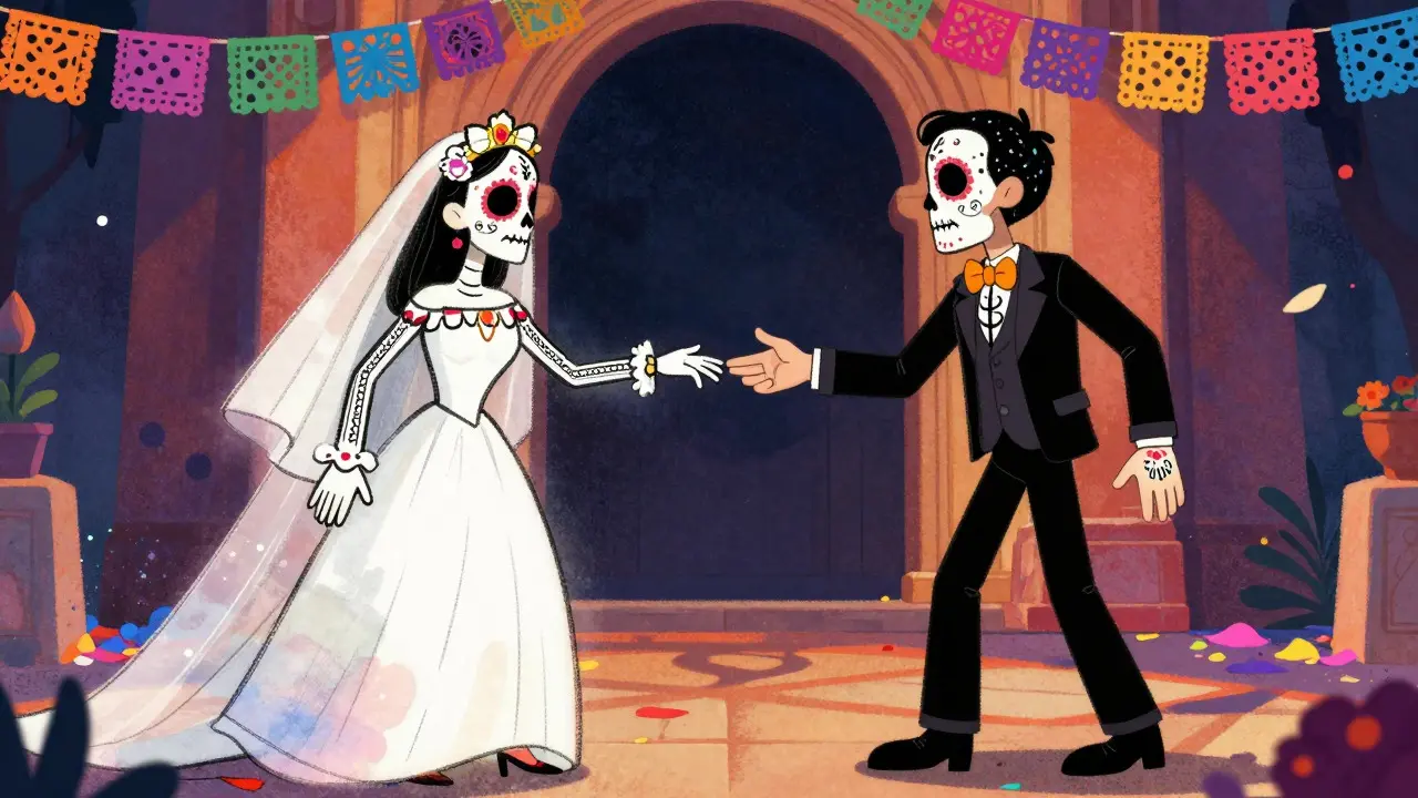 Two characters, one sketched and one digital, reaching hands together under an arch