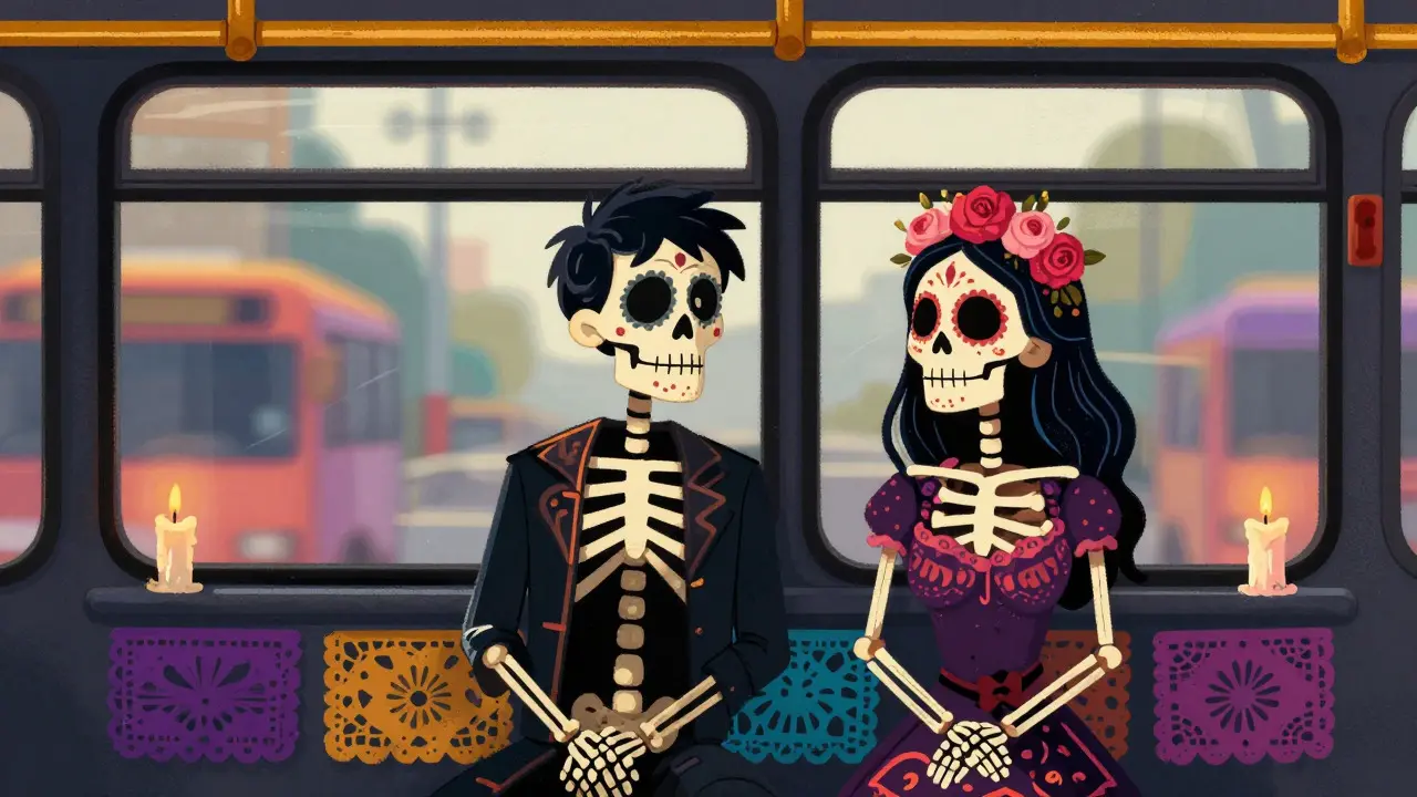 Two skeletons on a bus looking uncertain, Day of the Dead illustration