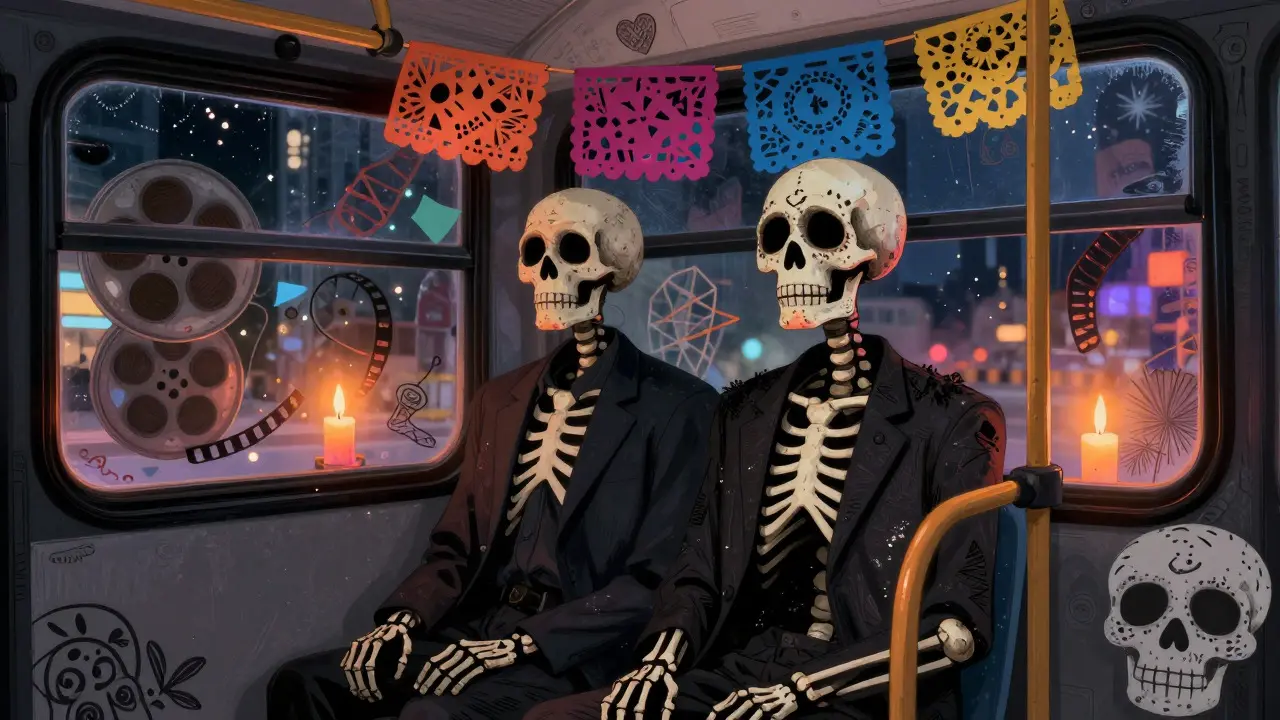 Two skeletons on a bus with fading smiles in Day of the Dead style