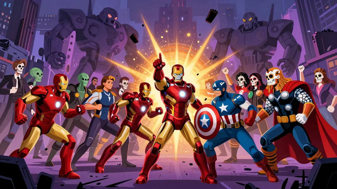 Vibrant cartoon depiction of an ensemble superhero battle in ruined New York