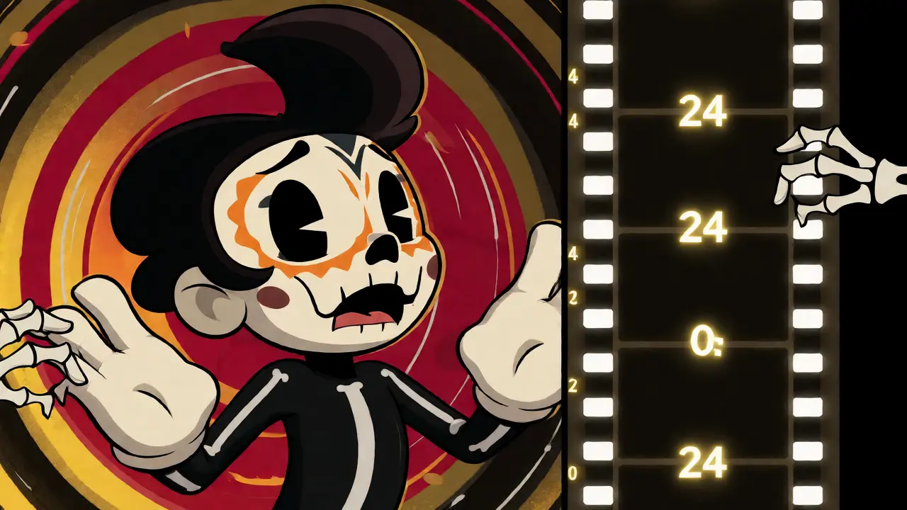 Animated skeleton character reacting during a double-take within a 24-frame timing grid.