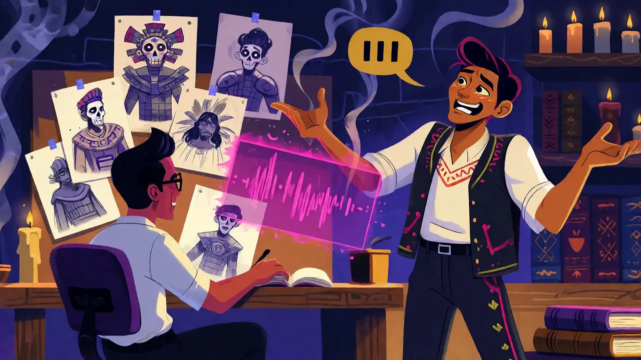 Animator and voice actor collaborating amidst Day of the Dead inspired sketches and tools.