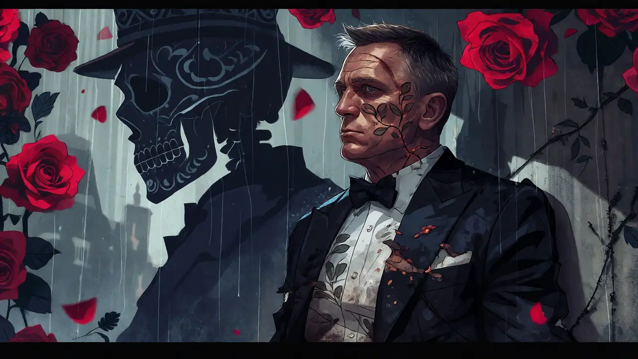 Bruised spy leaning against a wall with floral vines growing from his skin in dark tones.