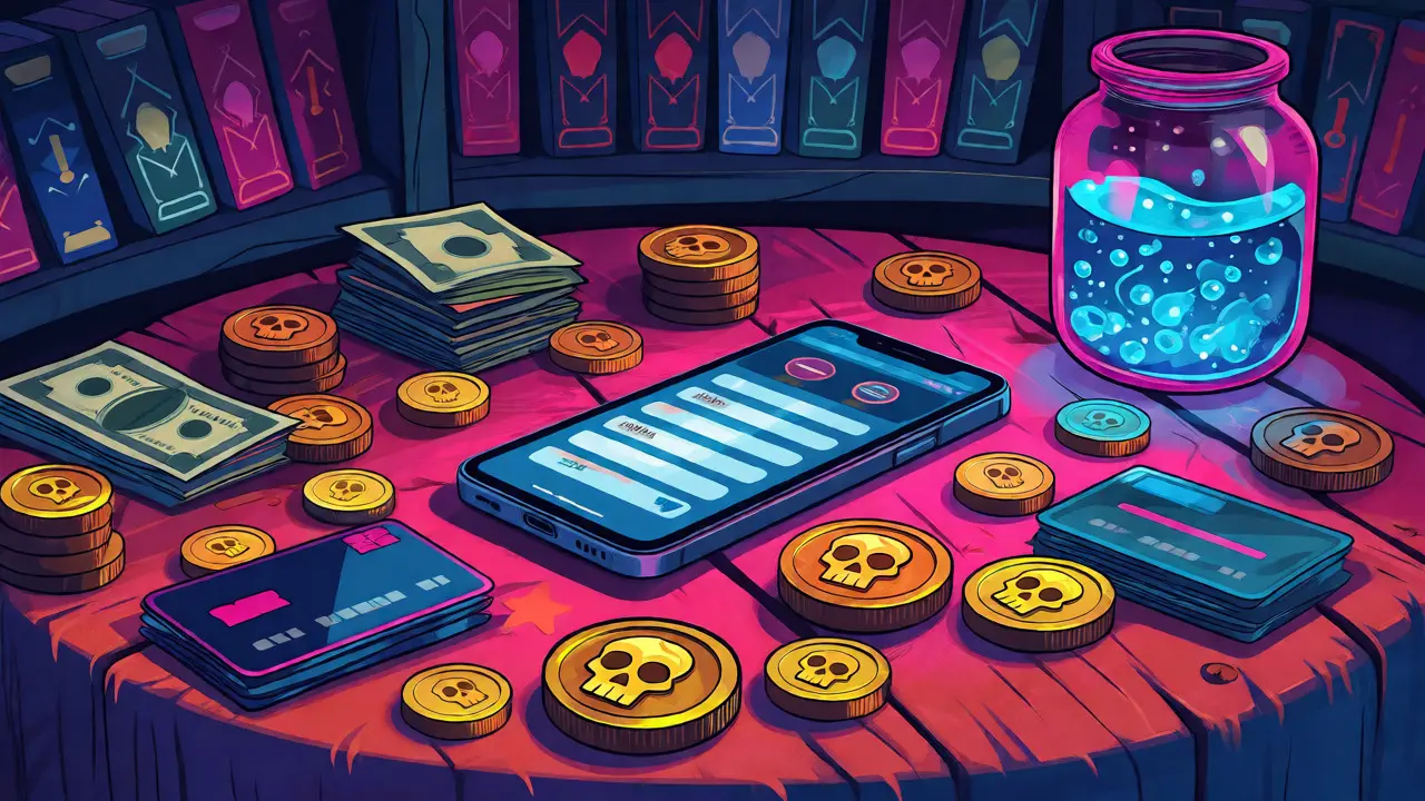Coins and a phone on a table with Day of the Dead motifs illustrating subscription costs.