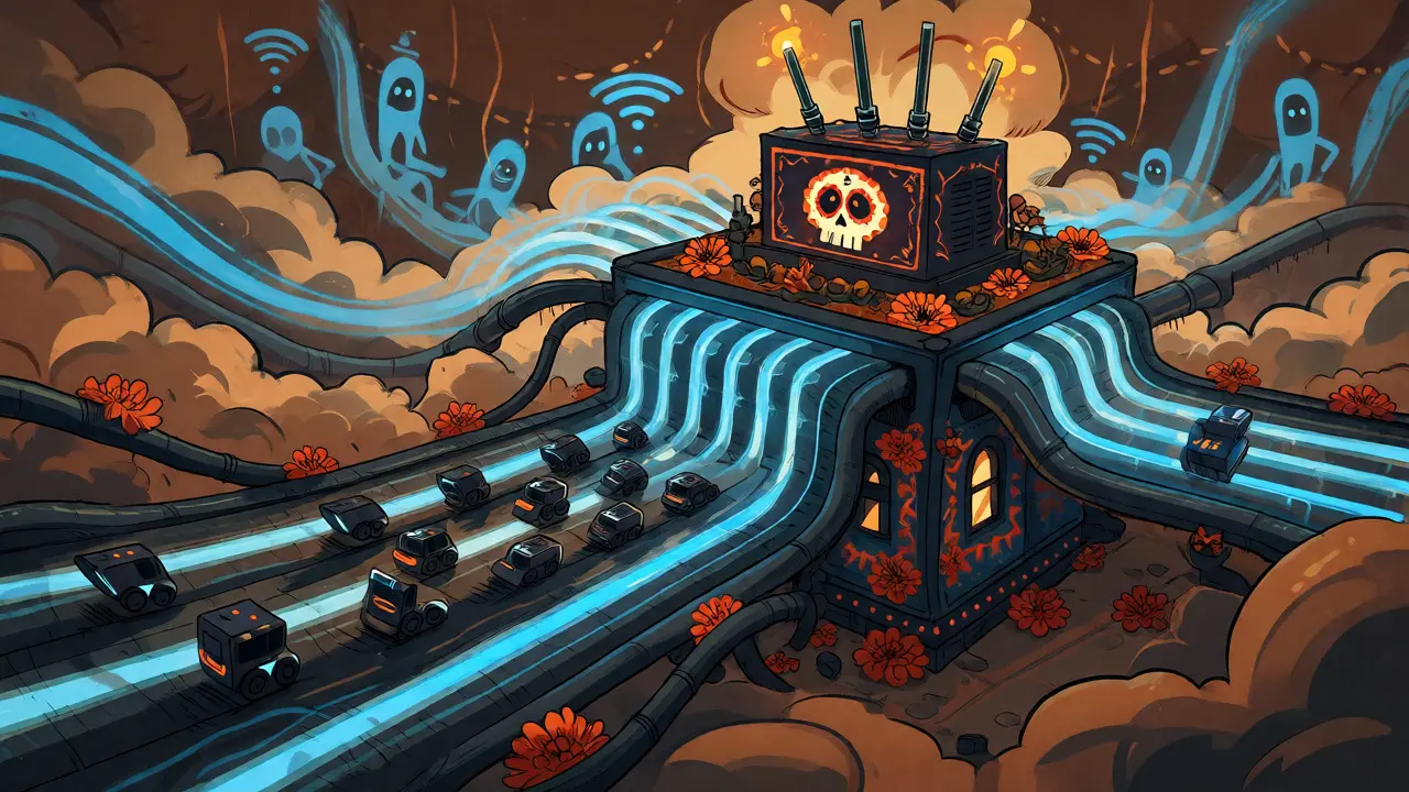 Conceptual view of home network data congestion using Day of the Dead artistic elements.