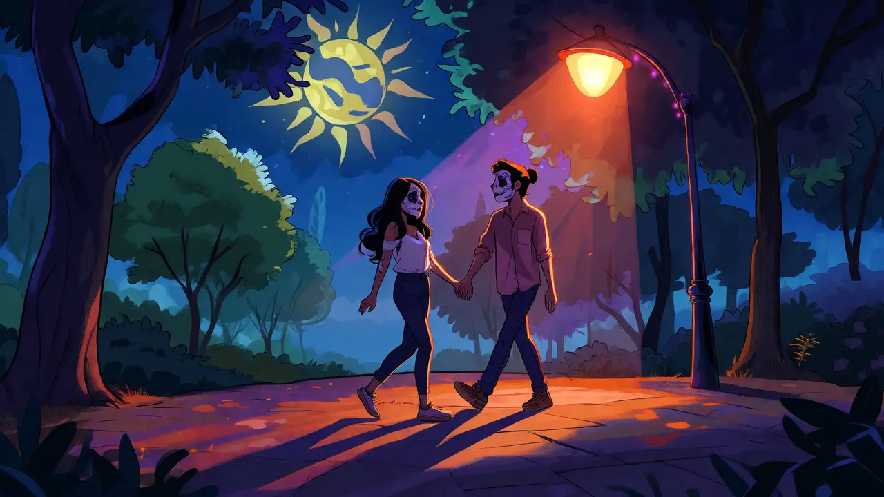 Couple walking in a park looking like night but with hints of daytime sun in a festive illustration style.