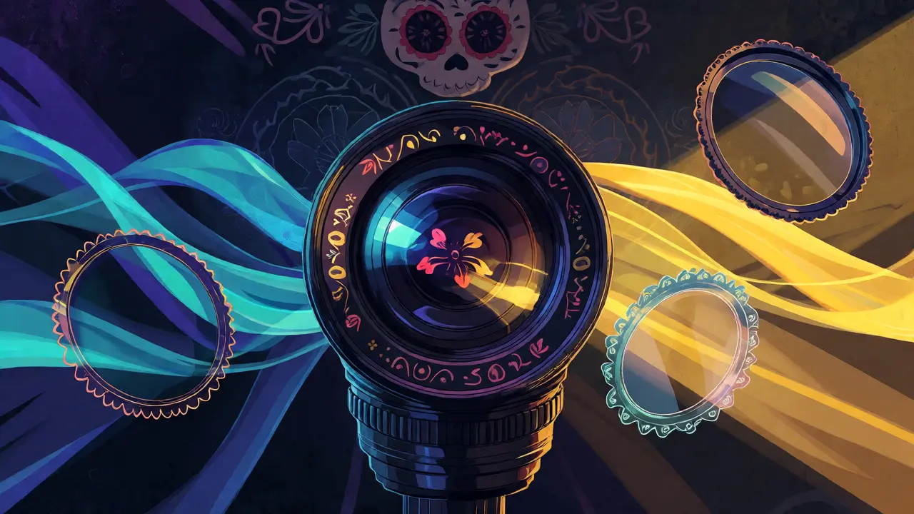 Decorated camera lens manipulating light rays into night tones with Day of the Dead art.