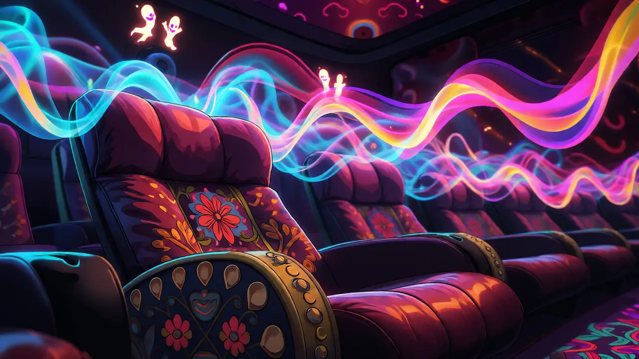 Dolby Cinema seat surrounded by colorful sound wave illustrations