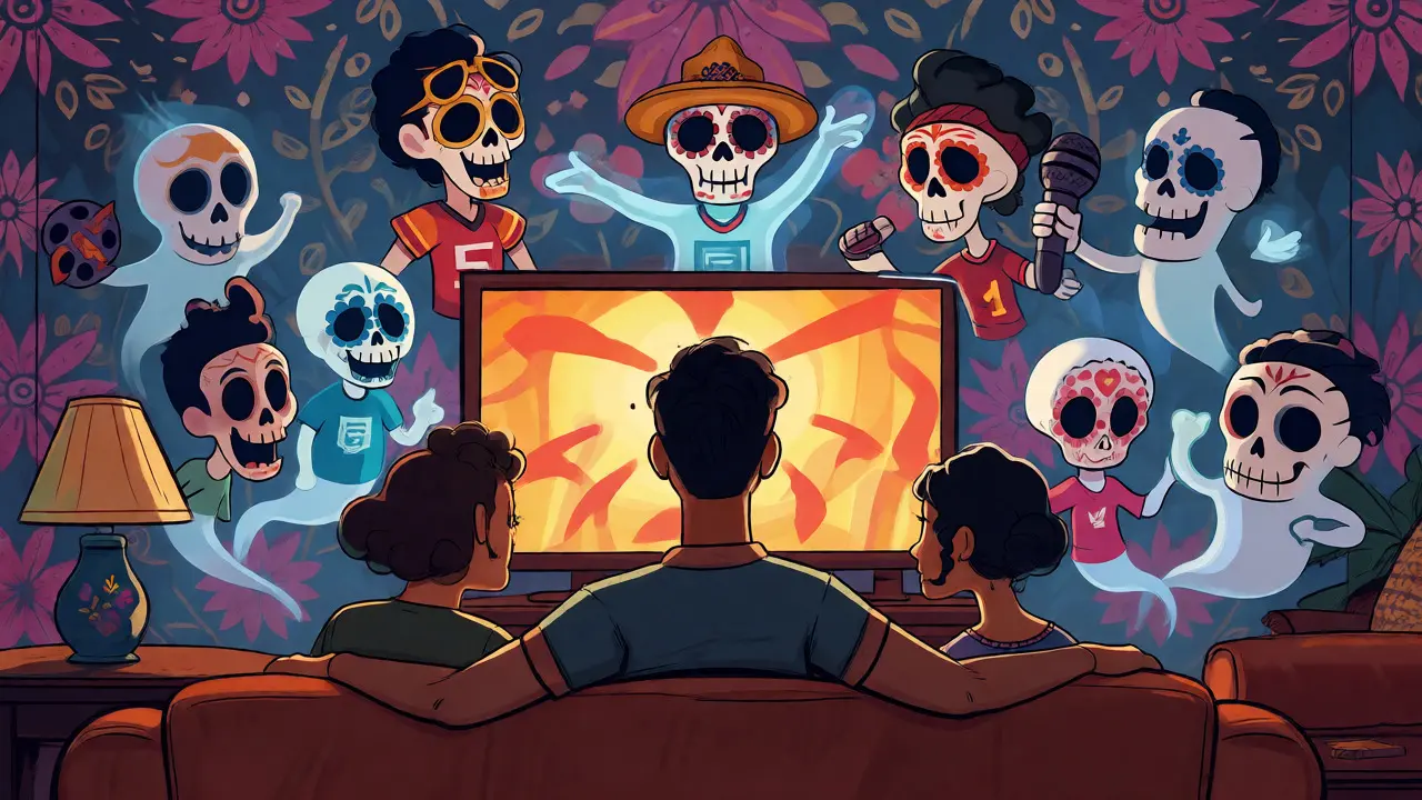 Family comparing streaming service skeletons in living room