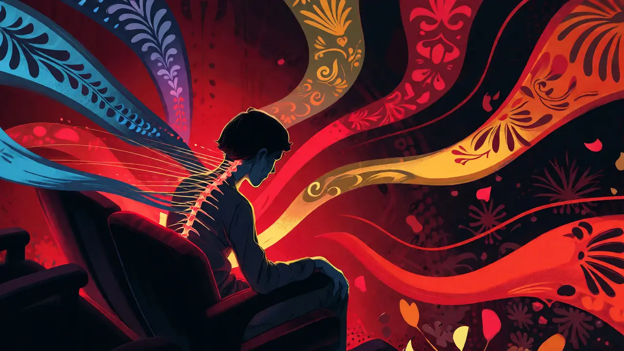 Figure in a theater surrounded by elongated colorful ribbons representing time.