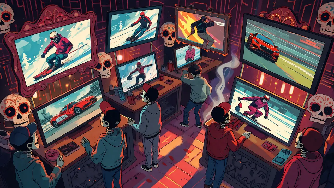 Floating sports screens in a Day of the Dead marketplace with skeleton figures interacting.