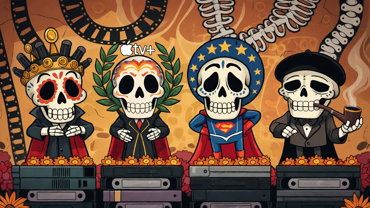 Four decorated skulls representing different streaming platforms on a film-tape stage.