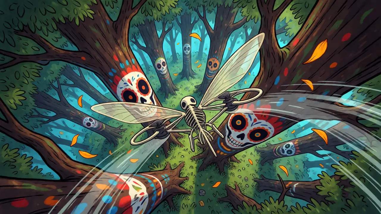 FPV drone with skeletal wings diving rapidly through a vibrant, folk-art inspired forest.