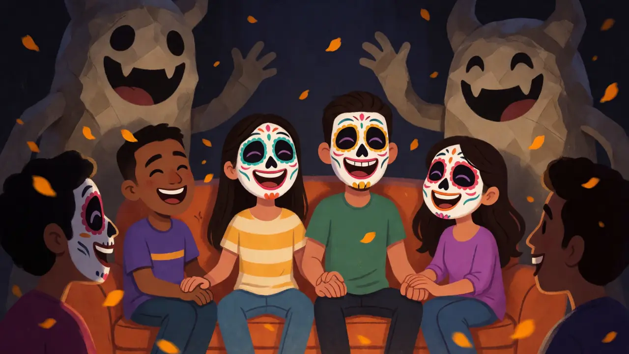 Friends with face paint laughing on a couch while shadow monsters lurk behind them.
