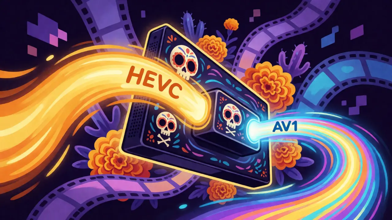 Futuristic streaming device with data streams in Day of the Dead artistic style