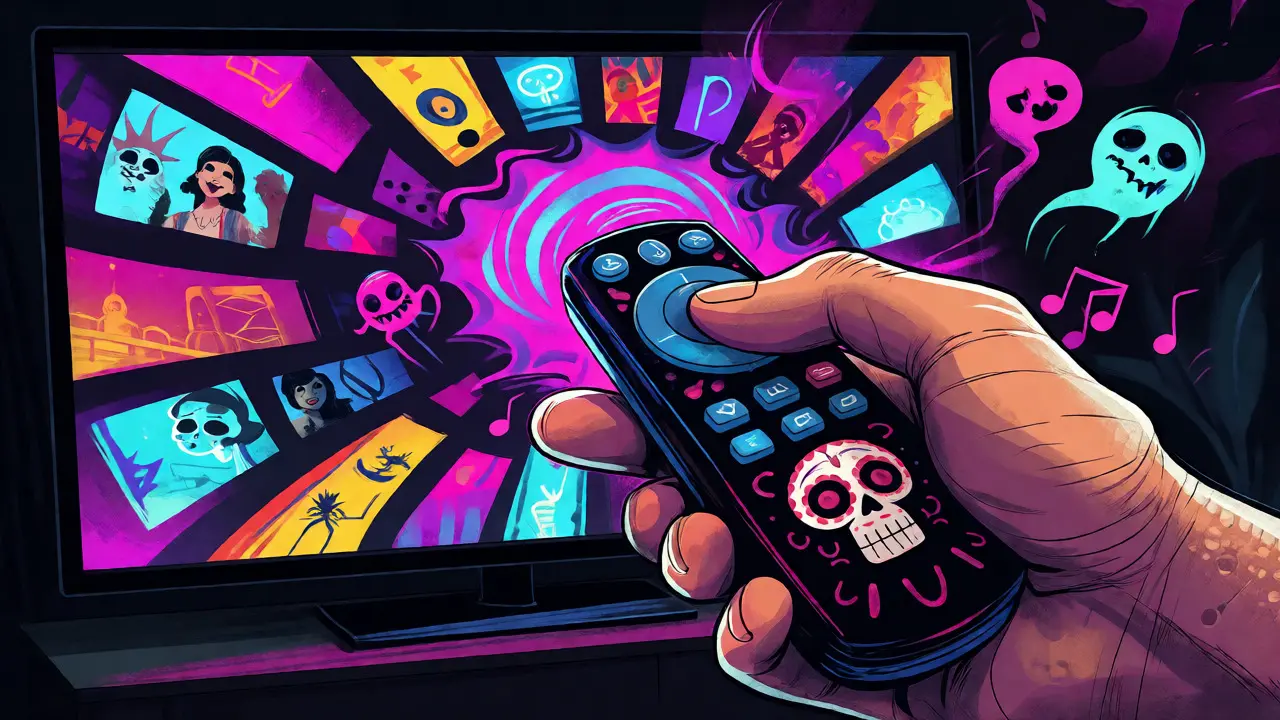 Hand holding a decorative remote emitting sound waves toward a vibrant TV screen.