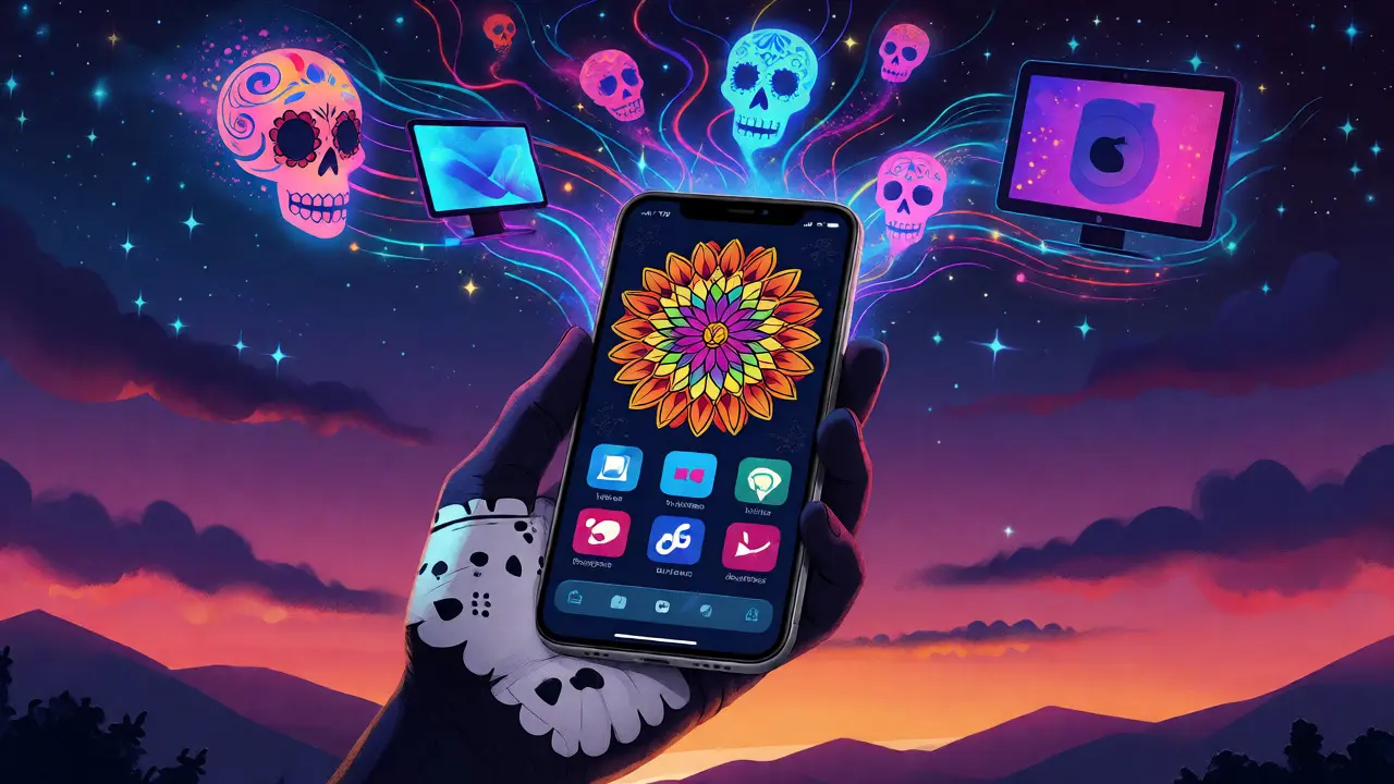 Hand holding phone showing unified streaming dashboard with dancing digital spirits.