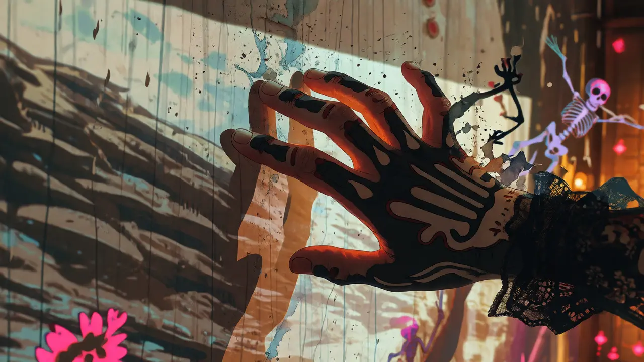 Hand touching a projected texture, blending flesh and film in folk art style.