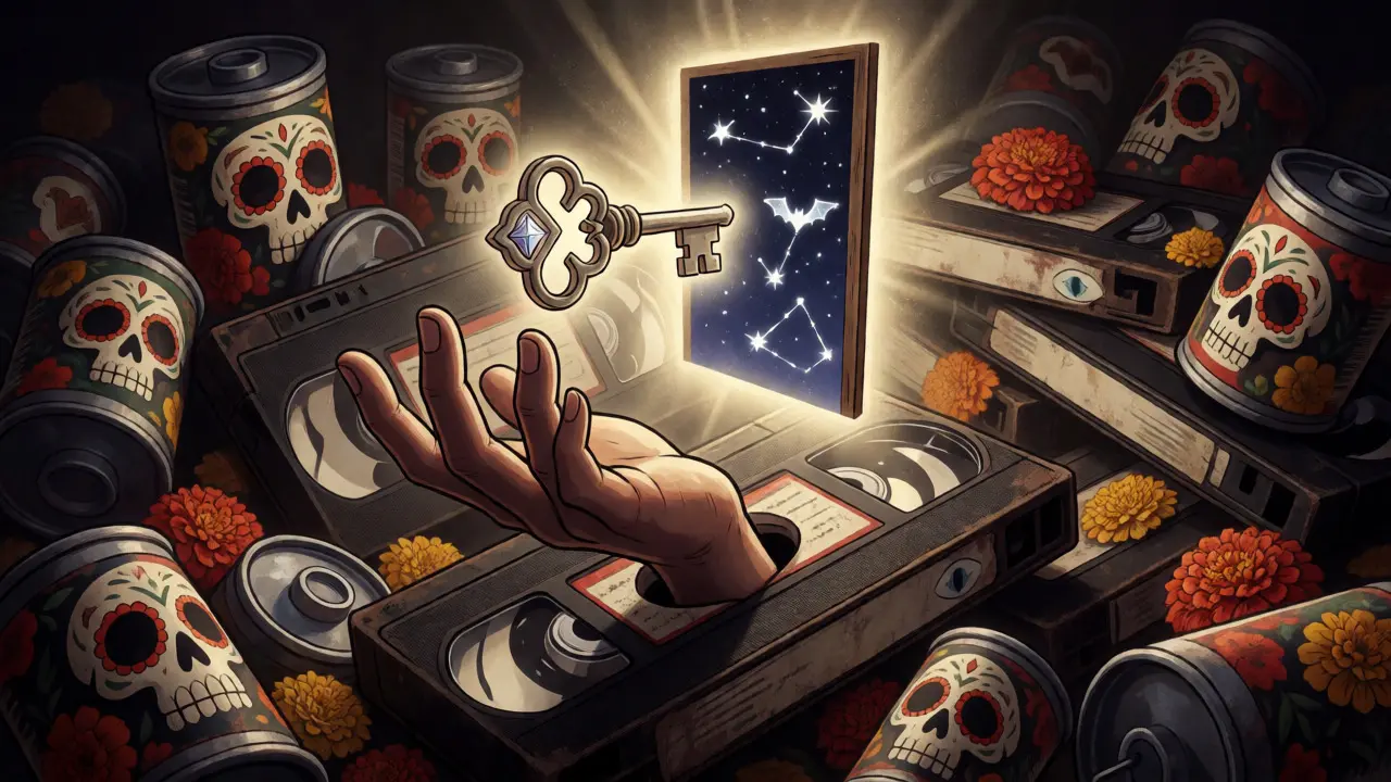Hand unlocking a magical door amidst decorated vintage media tapes