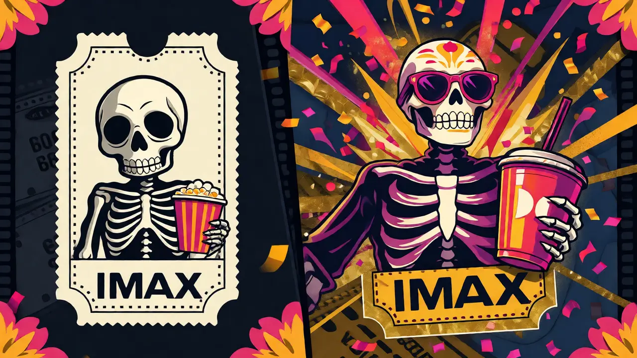 Illustration comparing standard and premium movie tickets in folk art style