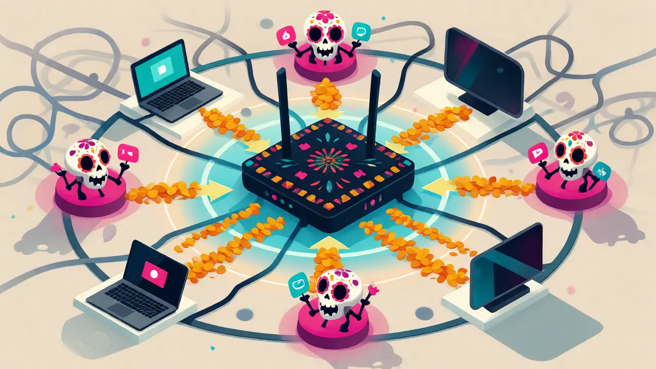 Isometric view of a connected home network with Day of the Dead aesthetics.