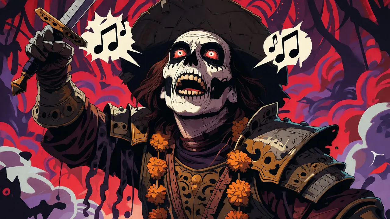 Manic skeleton conquistador screaming amidst swirling surreal jungle chaos.
